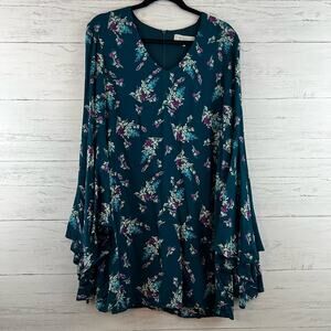 Wayf Teal Blue Floral Bell Sleeve Dress Size L